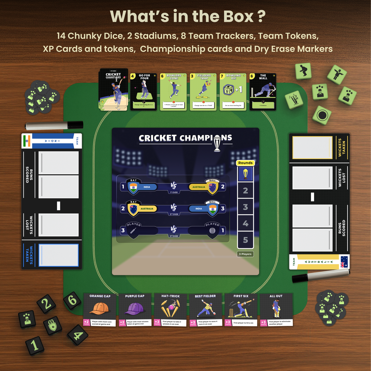 What's in the Cricket Champions box: dice, stadium boards, team trackers, XP and championship cards