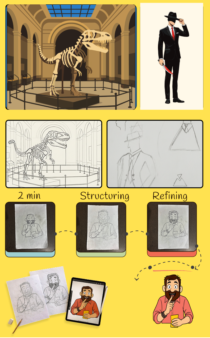 Illustrations from our games, from rough pencil sketches to finished art