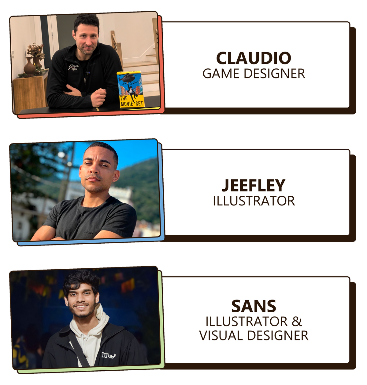 The Wobbly team, top to bottom: Claudio, game designer; Jeefley, illustrator; Sans, illustrator and visual designer