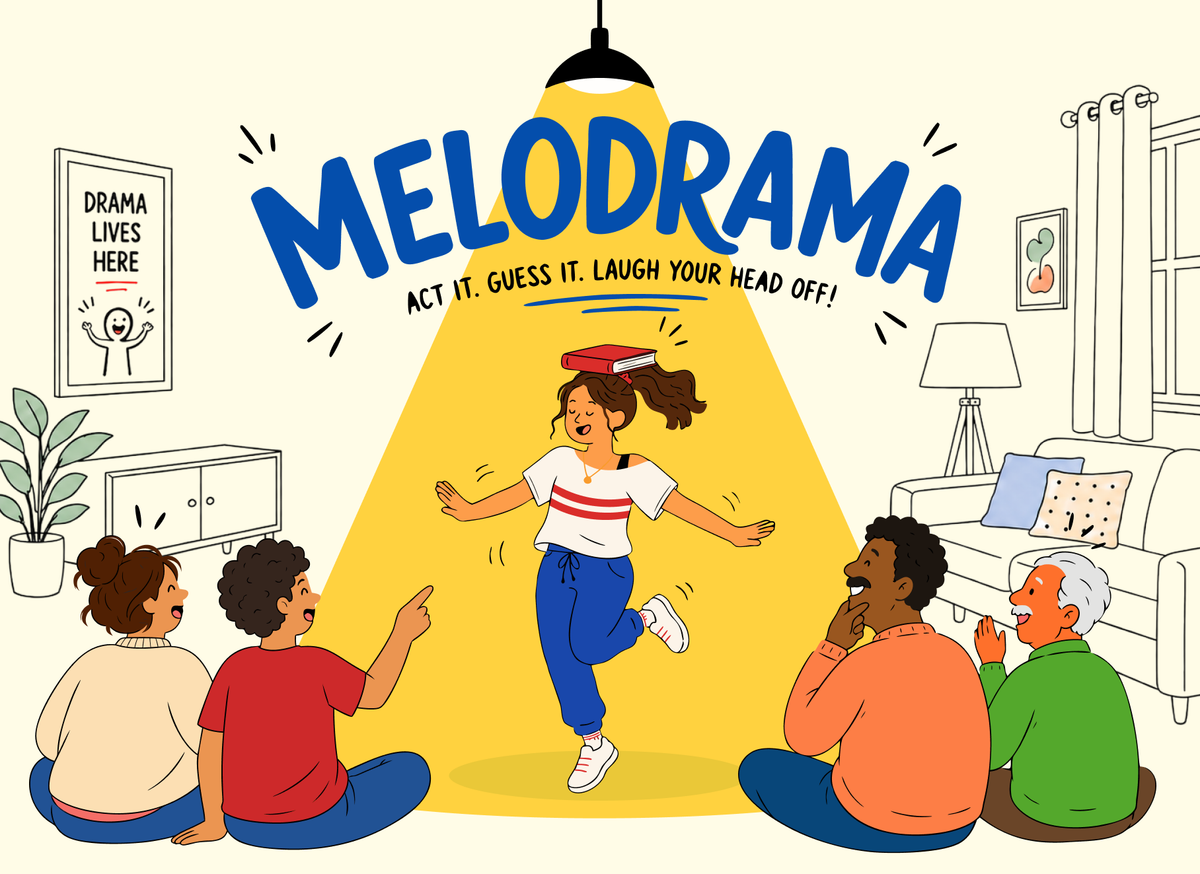 Melodrama box art: a player acting out a cue in a spotlight while friends guess
